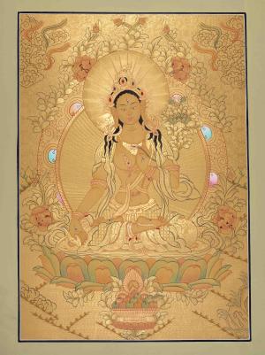 Beautifully Full Gold White Tara Thangka | Goddess Of Compassion and Healing